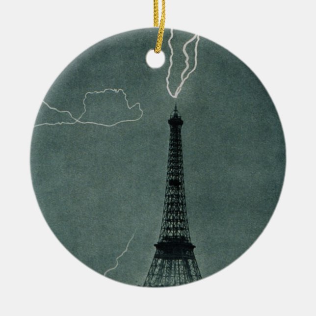Lightning Striking the Eiffel Tower Ceramic Ornament (Front)
