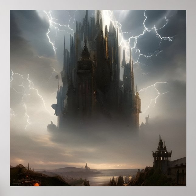 Lightning Towers AI Fantasy Digital Art Print  (Front)