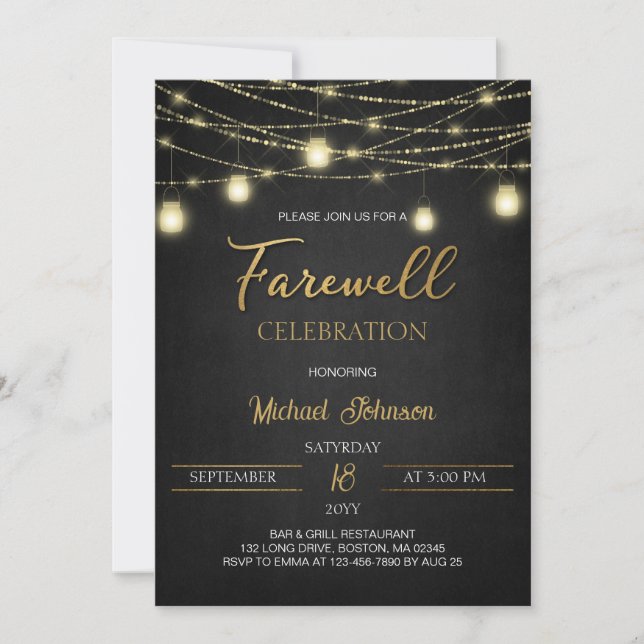 Lights and Gold Elegant Script Farewell Party Invitation (Front)