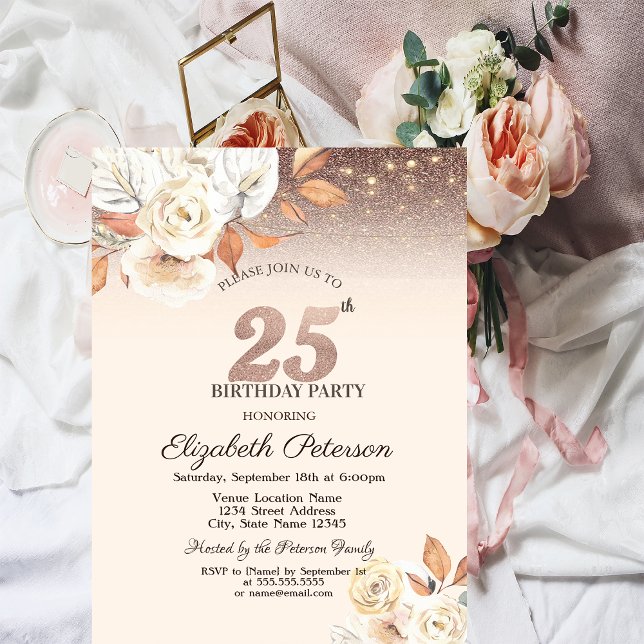  Lights,Autumn Flowers Glitter Bokeh 25th Birthday Invitation (Creator Uploaded)