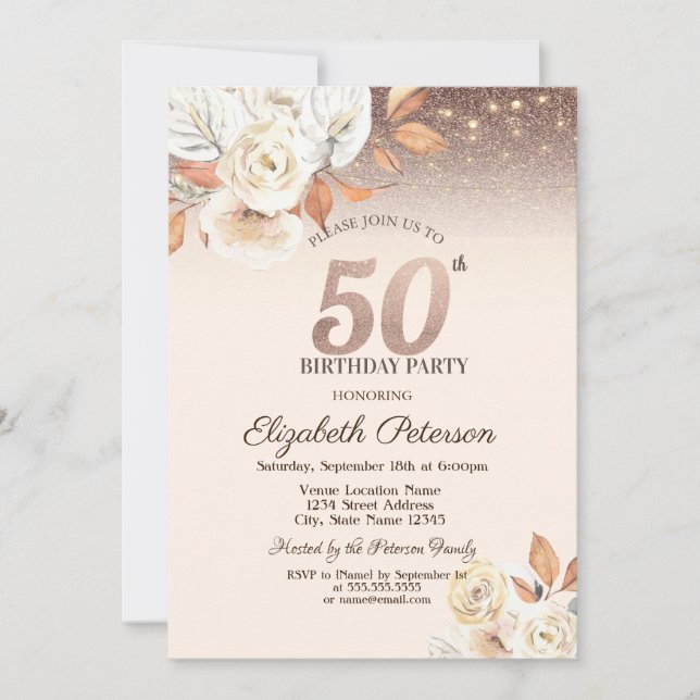  Lights,Autumn Flowers Glitter Bokeh 50th Birthday Invitation (Front)