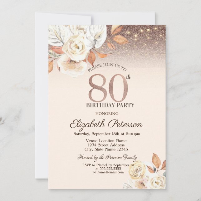  Lights,Autumn Flowers Glitter Bokeh 80th Birthday Invitation (Front)