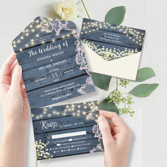 Lights Baby's Breath & Lace Navy Blue Wood All in  One Invitation (Creator Uploaded)