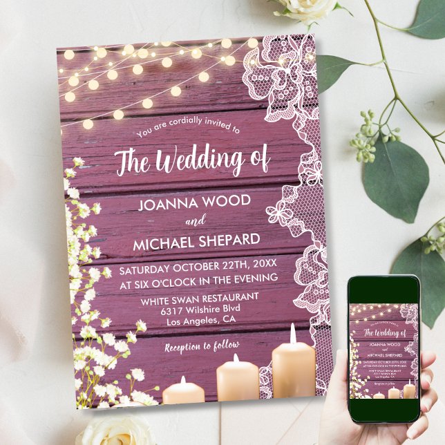Lights  Baby's Breath & Lace Purple Wood Wedding Invitation (Creator Uploaded)