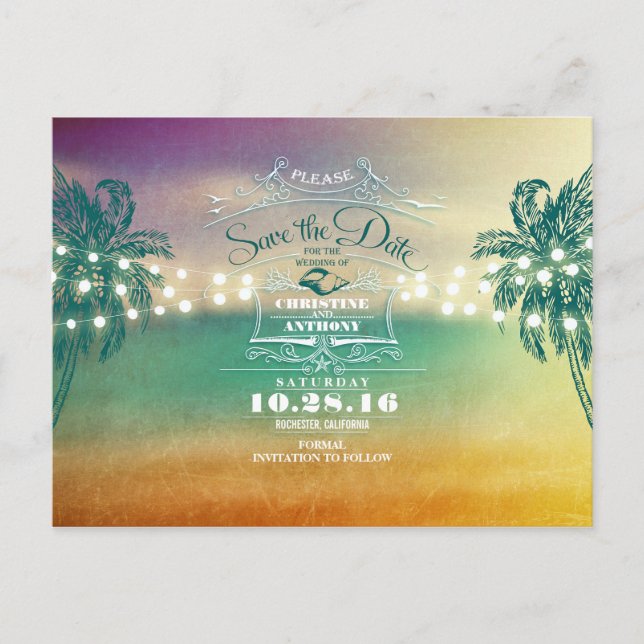 Lights beach wedding save the date postcards (Front)
