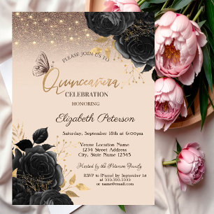 Lights,Black Roses Glitter Butterflies  Invitation
