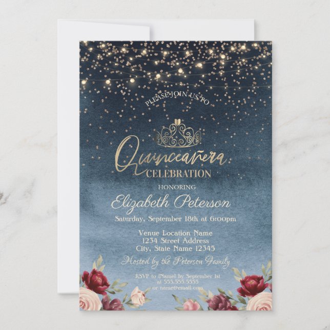  Lights,Burgundy Flowers Navy Blue Quinceañera    Invitation (Front)