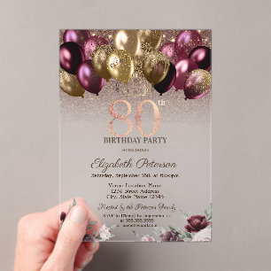 Lights,Burgundy Glitter Balloons 80th Birthday Acrylic Invitations