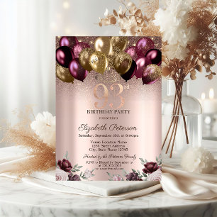  Lights,Burgundy Glitter Balloons 93rd Birthday  Invitation