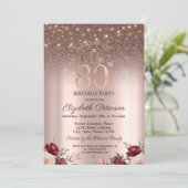  Lights,Burgundy Glitter, Rose Gold 80TH Birthday  Invitation (Standing Front)