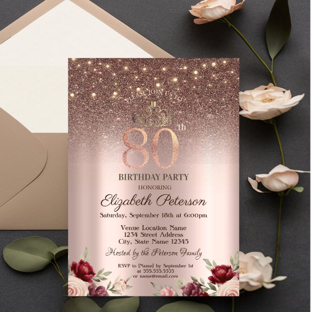  Lights,Burgundy Glitter, Rose Gold 80TH Birthday  Invitation