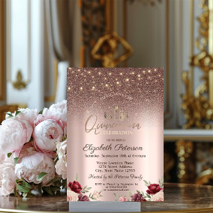 Lights,Burgundy Glitter, Rose Gold Quinceañera Invitation