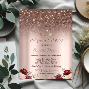  Lights,Burgundy Glitter, Rose Gold Retirement Invitation