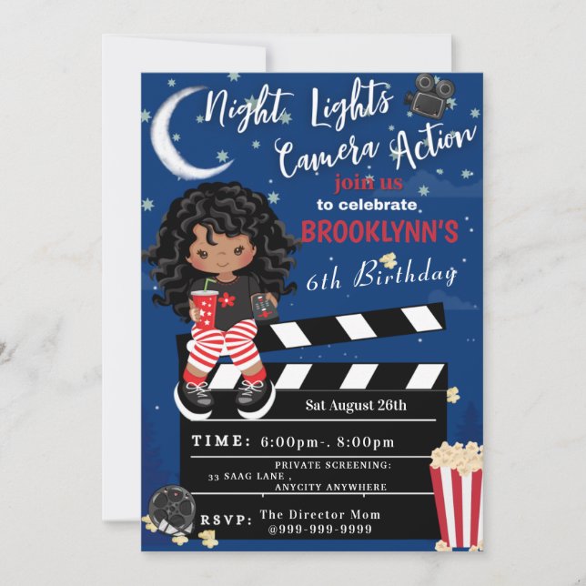 Lights Camera Movie Night Birthday Invitation Card (Front)