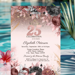 Lights,Chic Flowers Glitter 25th Birthday Invitation