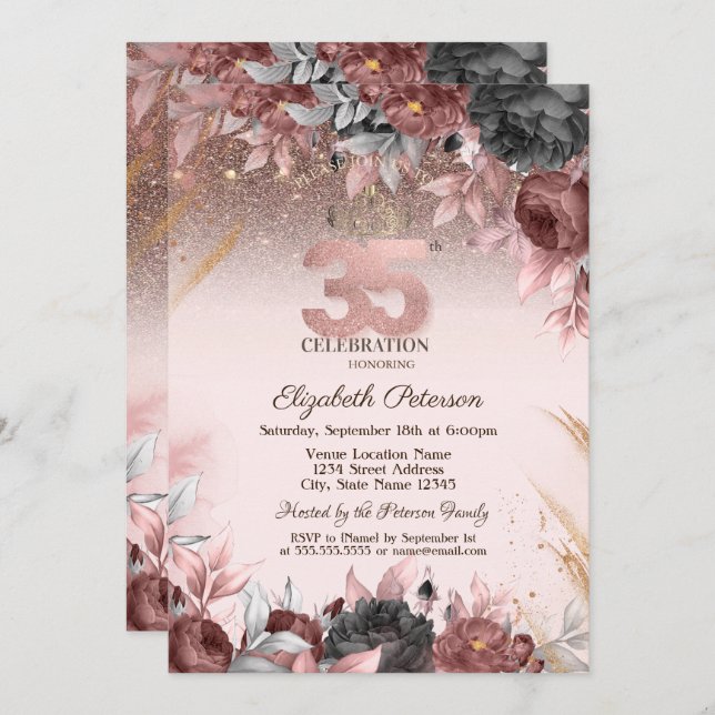  Lights,Chic Flowers Glitter 35th Birthday Invitation (Front/Back)
