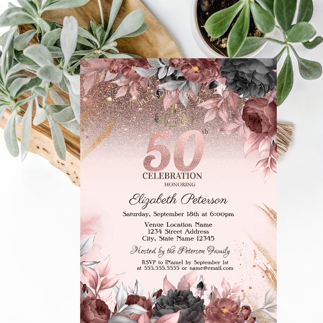  Lights,Chic Flowers Glitter 50th Birthday Invitation (Creator Uploaded)