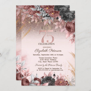  Lights,Chic Flowers Glitter 75th Birthday Invitation