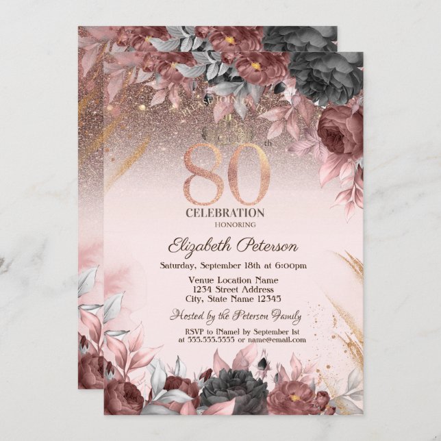  Lights,Chic Flowers Glitter 80th Birthday Invitation (Front/Back)