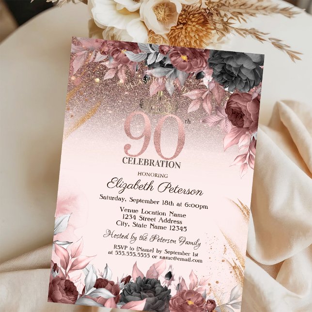  Lights,Chic Flowers Glitter 90th Birthday Invitation (Creator Uploaded)