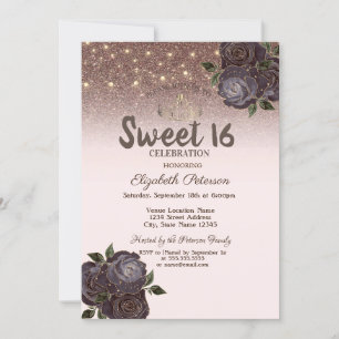 Lights,Chic Roses Glitter Sweet 16 Invitation