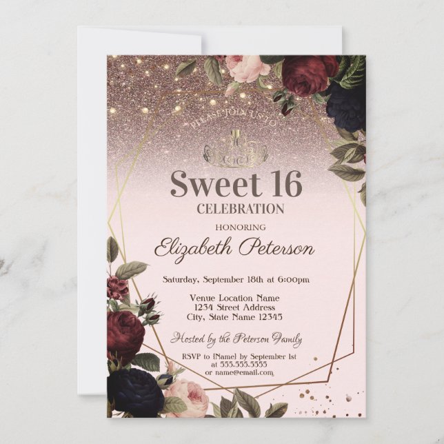  Lights, Dark Flowers Glitter Sweet 16 Invitation (Front)