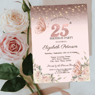  Lights,Flowers Glitter Butterflies 25th Birthday Invitation