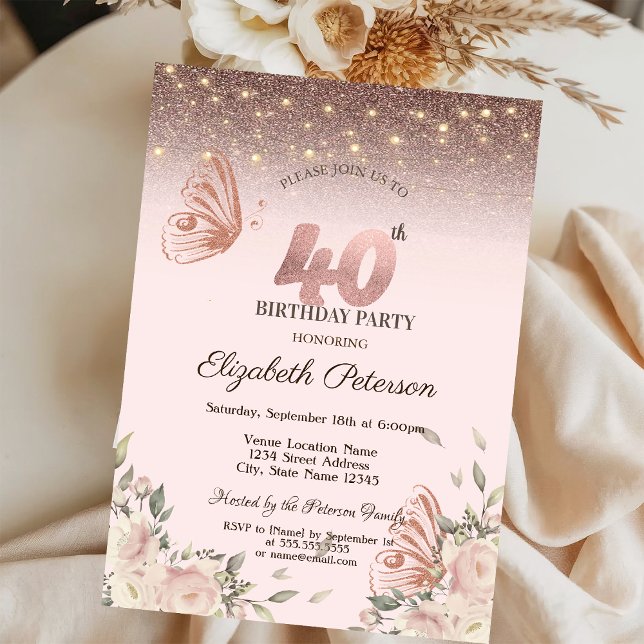  Lights,Flowers Glitter Butterflies 40th Birthday Invitation (Creator Uploaded)