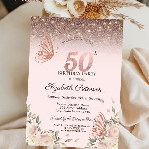 Lights,Flowers Glitter Butterflies 50th Birthday Invitation