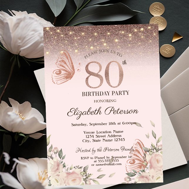  Lights,Flowers Glitter Butterflies 80th Birthday Invitation (Creator Uploaded)