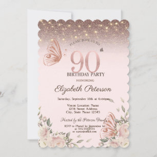 Lights,Flowers Glitter Butterflies 90th Birthday Invitation