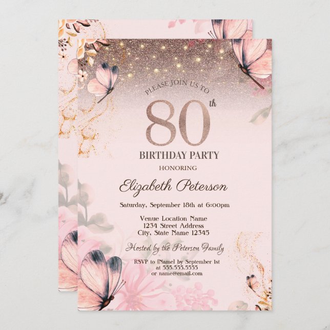  Lights,Flowers Pink Butterflies 80th Birthday Invitation (Front/Back)
