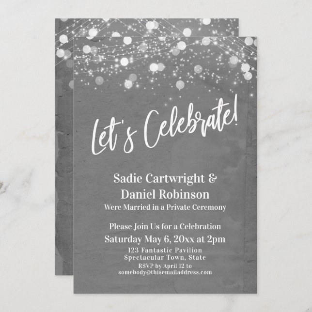Lights Grunge Let's Celebrate Grey Reception Invitation (Front/Back)