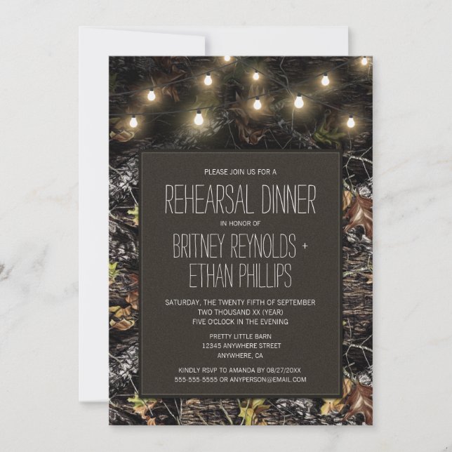 Lights + Hunting Camo Rehearsal Dinner Invitations (Front)