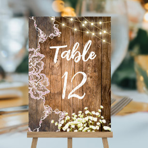 Lights Lace & Baby's Breath Wood Wedding Table Table Number