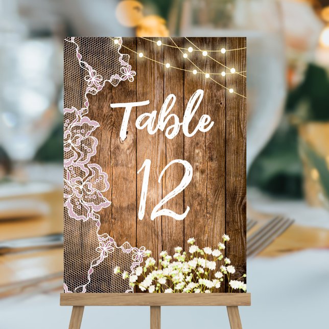 Lights Lace & Baby's Breath Wood Wedding Table Table Number (Creator Uploaded)