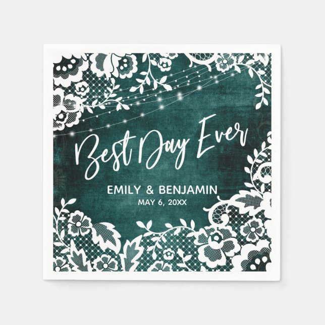 Lights & Lace Rustic Teal Best Day Ever Typography Napkin (Front)