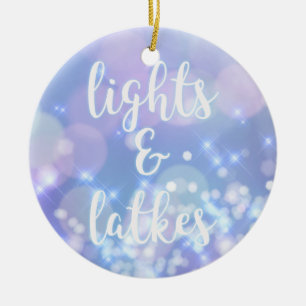 Lights & Latkes - Blue Sparkles Happy Hanukkah Ceramic Ornament