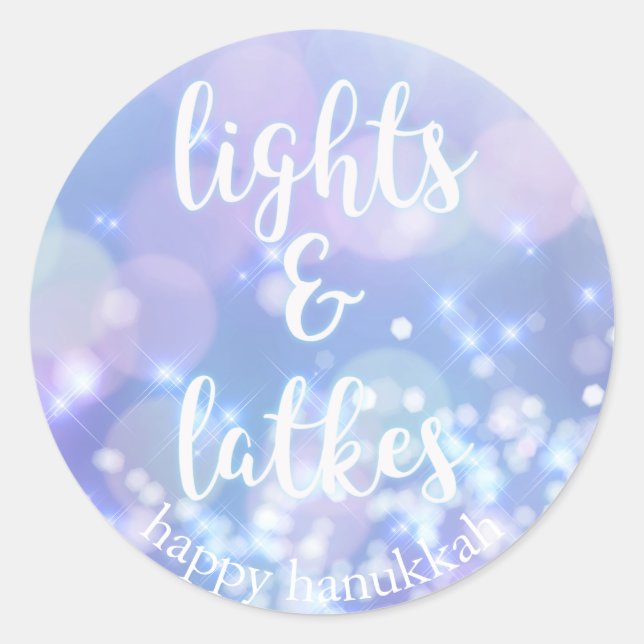 Lights & Latkes - Blue Sparkles Happy Hanukkah Classic Round Sticker (Front)