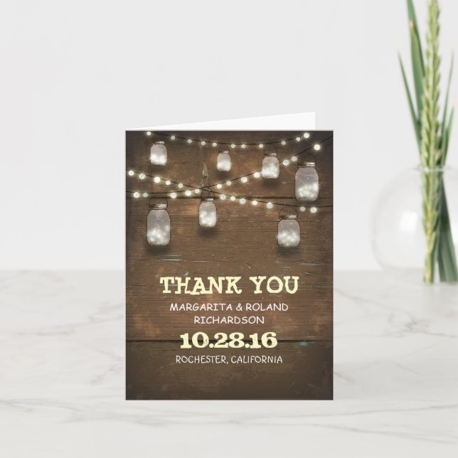lights mason jar rustic wood thank you cards (Front)