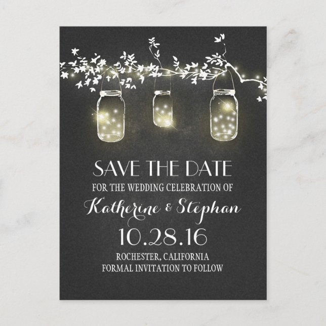 lights & mason jars rustic SAVE THE DATE postcard (Front)