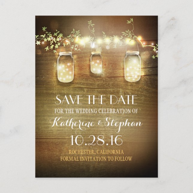 lights & mason jars rustic SAVE THE DATE postcard (Front)