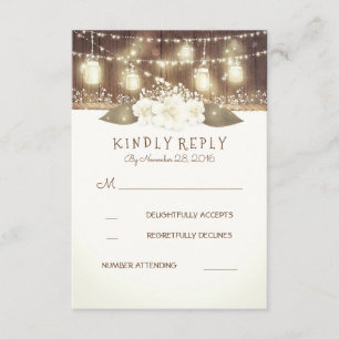 Lights Mason Jars Rustic Wood Barn Wedding RSVP Card