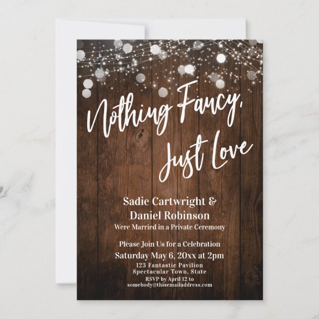 Lights on Wood Nothing Fancy Just Love Reception Invitation (Front)