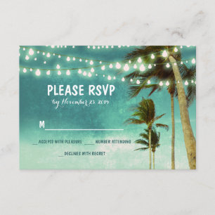 lights & palm trees beach teal wedding RSVP cards