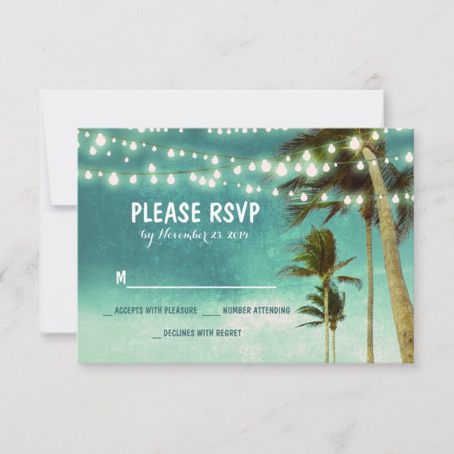 lights & palm trees beach teal wedding RSVP cards (Front)