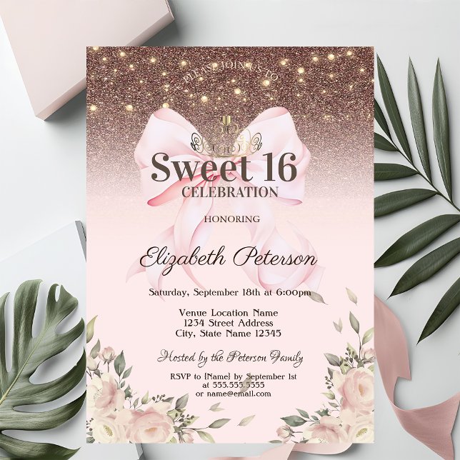 Lights, Pink Bow Flowers Glitter Sweet 16 Invitation (Creator Uploaded)