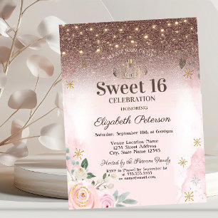  Lights, Pink Flowers Snowflakes Glitter Sweet 16  Invitation