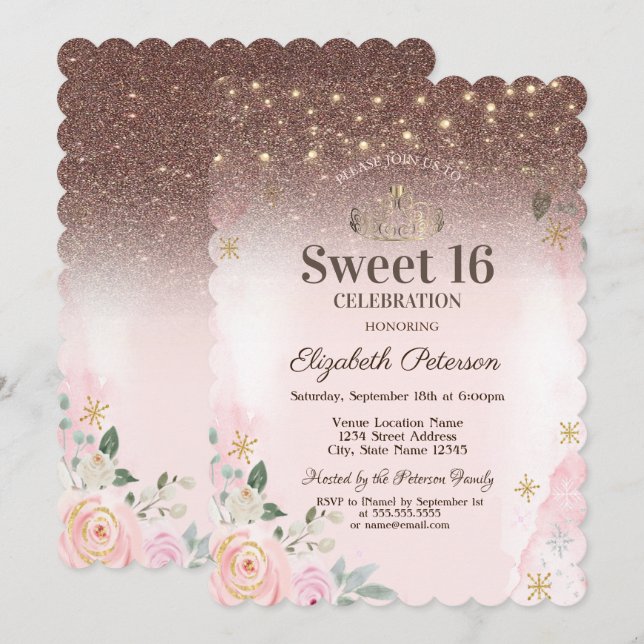  Lights, Pink Flowers Snowflakes Glitter Sweet 16  Invitation (Front/Back)