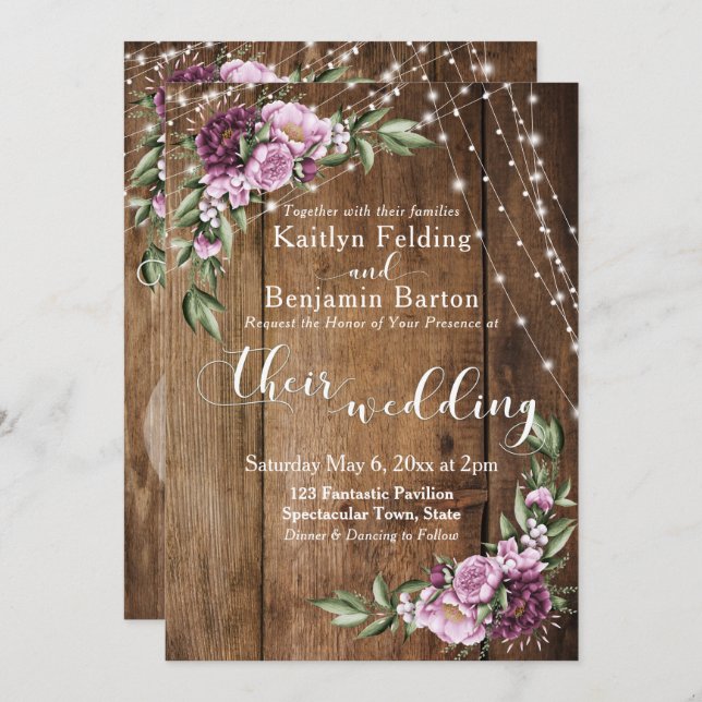 Lights & Pink Peonies Bouquet, Rustic Wood Wedding Invitation (Front/Back)